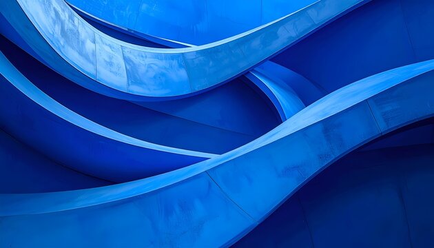 Curved metal structures intertwine, showcasing a vibrant blue hue with smooth, reflective surfaces