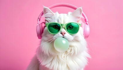 Obraz premium A stylish cat with white fur wears pink headphones and green sunglasses while blowing a bubble
