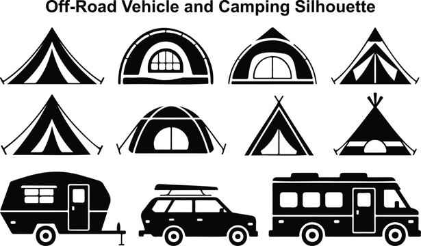 Various off road vehicle and camping tent silhouette icons for outdoor adventure themes