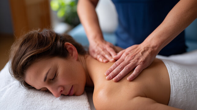 Woman receiving deep tissue back massage from masseuse in spa setting, relaxing wellness treatment for muscle tension and stress relief, close-up detail of shoulder and upper back