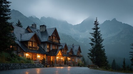 Mountain lodge illuminated at dusk with surrounding trees and mountain peaks