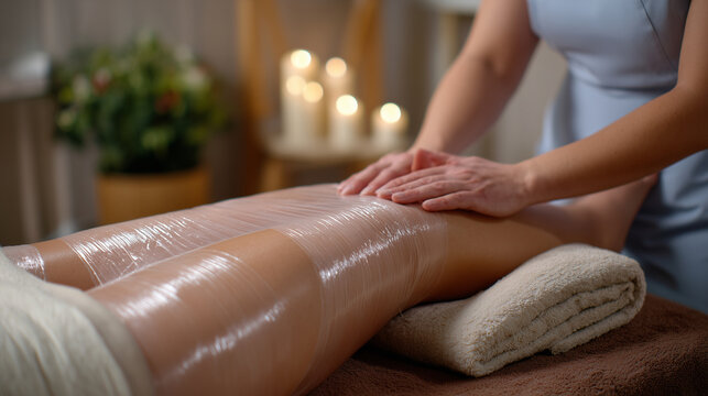 Woman receiving body wrap treatment in spa, therapist applying plastic film to legs and hips for slimming and detoxification, relaxation and beauty therapy session on massage table