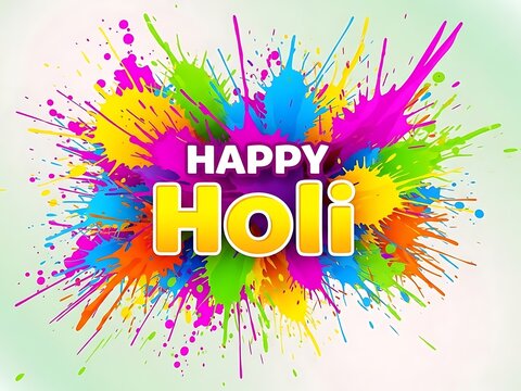 Holi festival celebration with colorful paint splatters and happy holi text