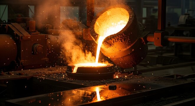 Molten Metal Pouring from Crucible in Foundry Industry Setting for Manufacturing Process