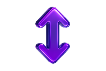 3d render purple metallic double vertical arrow icon for user interface navigation and motion direction graphics isolated on transparent background