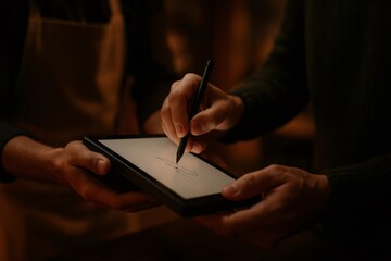 Person using a stylus to complete a digital signature on a tablet screen for a business transaction or payment