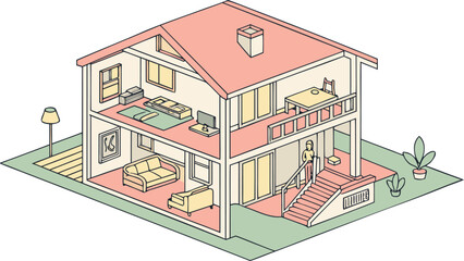 Home interiors elements concept isometric 3d icons set. illustration of info graphic interior room concept in isometric graphic. Furnished rooms isometry isolated collection. bedroom, childs room,