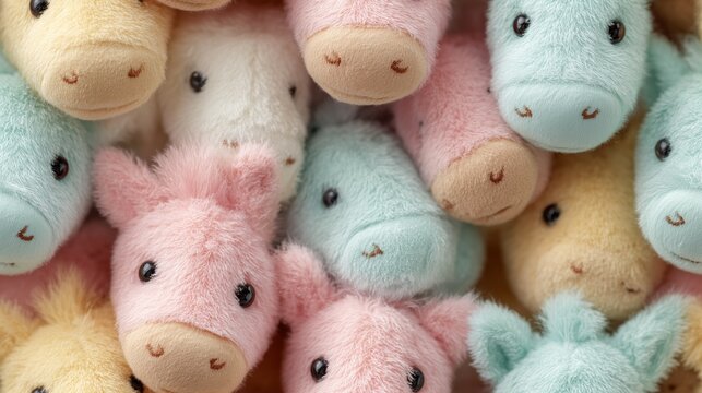 Seamless drawing of plush horses. A close-up of a variety of pastel-colored soft toys tightly packed into each other, a fluffy textured background for children and drawings on a children's theme.