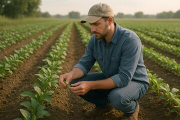 Farmer carefully examining green plants in long rows. Focusing on plant health and sustainable growth in a rural setting