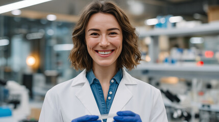 Scientist presenting alternative protein powder sample in laboratory workspace with analytic tools in the background, sustainable nutrition development, perfect for future food and