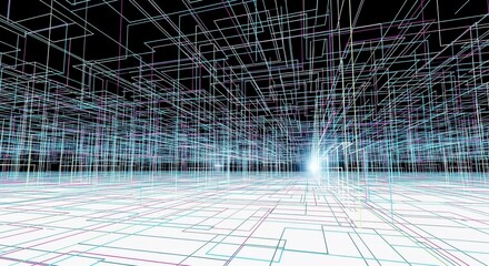 Futuristic Grid Structure with Neon Lights.