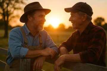 Two mature male farmers leaning on a wooden fence, smiling and engaging in a friendly conversation at sunset