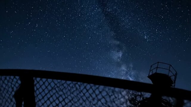 Silhouette of a large satellite dish against a twilight sky with stars.