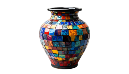A colorful, mosaic-like vase with square tiles of varying colors against a black background