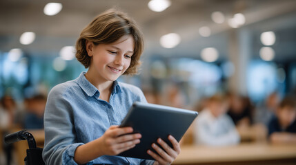 Smiling student using wheelchair while interacting with assistive tablet software technology in modern classroom environment for inclusive education campaigns and accessibility emp
