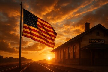 American flag waving in morning light with a vintage railway station and tracks, symbolizing patriotism, journey, and a new day