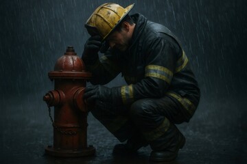 Firefighter in uniform and helmet crouching in heavy rain, resting hand on a fire hydrant, expressing sadness and exhaustion