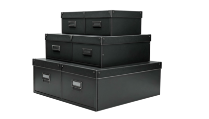 Four nested, rectangular black storage boxes with metal trim and handles