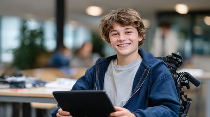Smiling student using wheelchair while interacting with assistive tablet software technology in modern classroom environment for inclusive education campaigns and accessibility emp