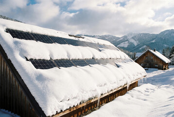 Modern photovoltaic solar panels installed on rustic wooden cabin roof covered with fresh snow during sunny winter day in alpine mountain landscape.