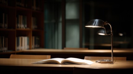 Open book lit by desk lamp in library reading room intellectual concept