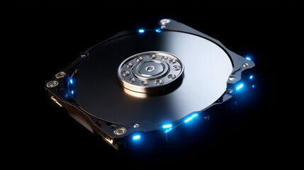 Hard disk drive internal storage device on dark background, used in computers and servers for secure data storage, backup, enterprise infrastructure and digital technology systems.
