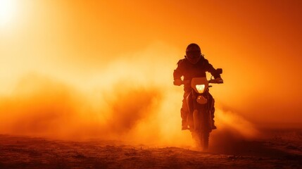 Motorcyclist riding through dust under orange sky adventure concept