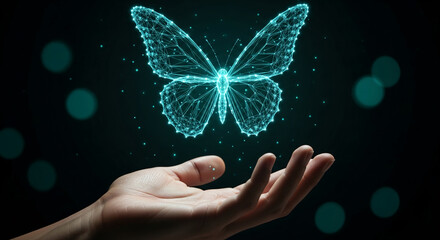 Glowing teal butterfly, digital art, rests on open palm, dark background, symbolizes fragility, transformation, hope, technology