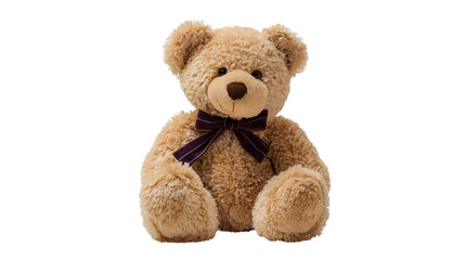 Cozy brown teddy bear with purple bow isolated on white background