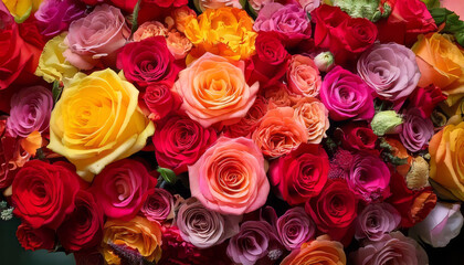Fototapeta premium Close up of a bunch of roses with mixed color red pink blooming rose bouquet. Romantic Love, Flowers Background.