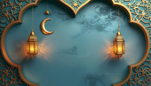Elegant Islamic Pattern with Crescent Moon and Ramadan Lanterns on Teal Background