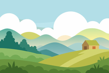 Fototapeta premium Cartoon Vector Of Rural Landscape