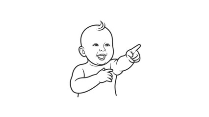 A black and white line drawing of a happy baby smiling and pointing with its finger.