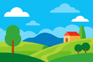 Fototapeta premium Rural Landscape Under Cloudy Blue Sky
