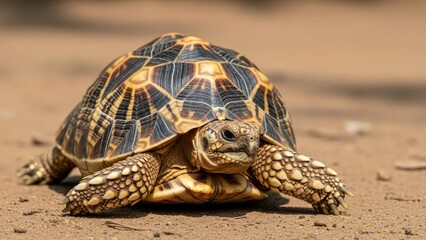 Fototapeta premium Close-up of a tortoise with a patterned shell, on dirt ground