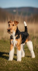 Fototapeta premium Wire Fox Terrier Standing Outdoor Grassy Field