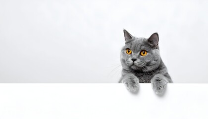A curious gray cat with striking orange eyes peeks over a clean white surface