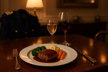 Elegant table setting with a perfectly cooked steak dinner, wine glasses, and a blurred military uniform in the background