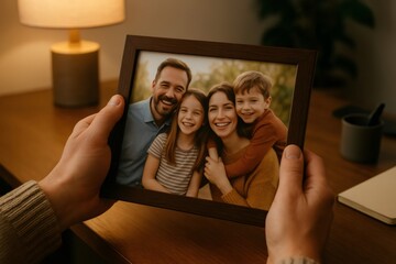 Person holding a framed portrait of a smiling family with parents and children, remembering happy moments at home