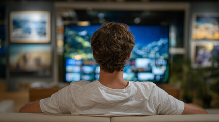 Person watches TV screen with movie selections on streaming service. User browses film library choosing content for evening entertainment at home. Couch, smart TV, and posters are
