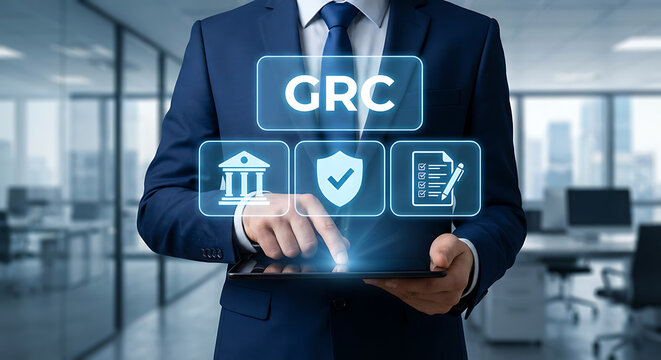 GRC, Governance Risk and Compliance concept. Business Integrity. Businessman touching GRC icon new