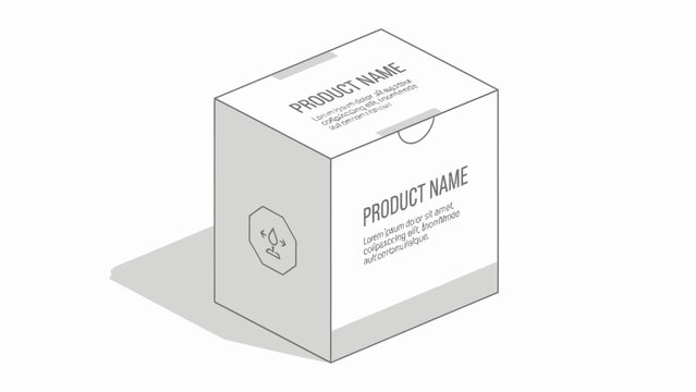 Minimalist white product packaging box with placeholder text and shadow.