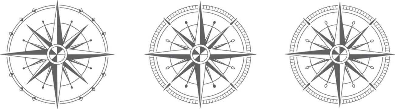 Compass rose vector set with nautical navigation stars for marine travel and ancient map design