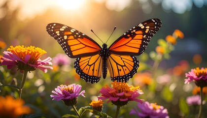Obraz premium A vibrant butterfly rests on colorful flowers during a warm sunset, showcasing nature's beauty