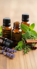Essential oils collection with botanicals on wooden background