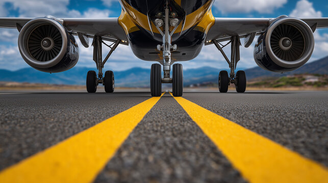 Airplane landing gear touches down on airport runway. Front wheels of aircraft on tarmac with yellow line. Jetliner arriving at destination, close up, cinematic sunlight glinting o