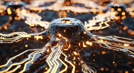 Glowing Digital Network Or Circuitry With Bokeh