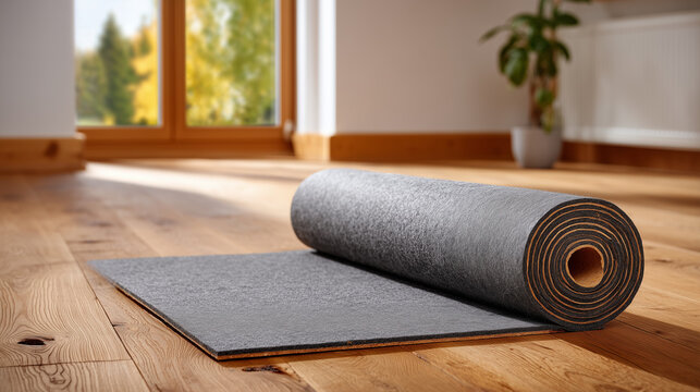 Gray soundproofing felt roll lies on wood subfloor in unfinished building. Acoustic layer for sound reduction is used in home construction projects, wide-angle diagonal view of fel