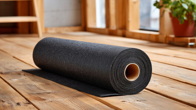 Gray soundproofing felt roll lies on wood subfloor in unfinished building. Acoustic layer for sound reduction is used in home construction projects, wide-angle diagonal view of fel