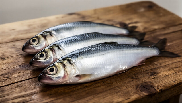 three fresh small fish on a wooden cutting board